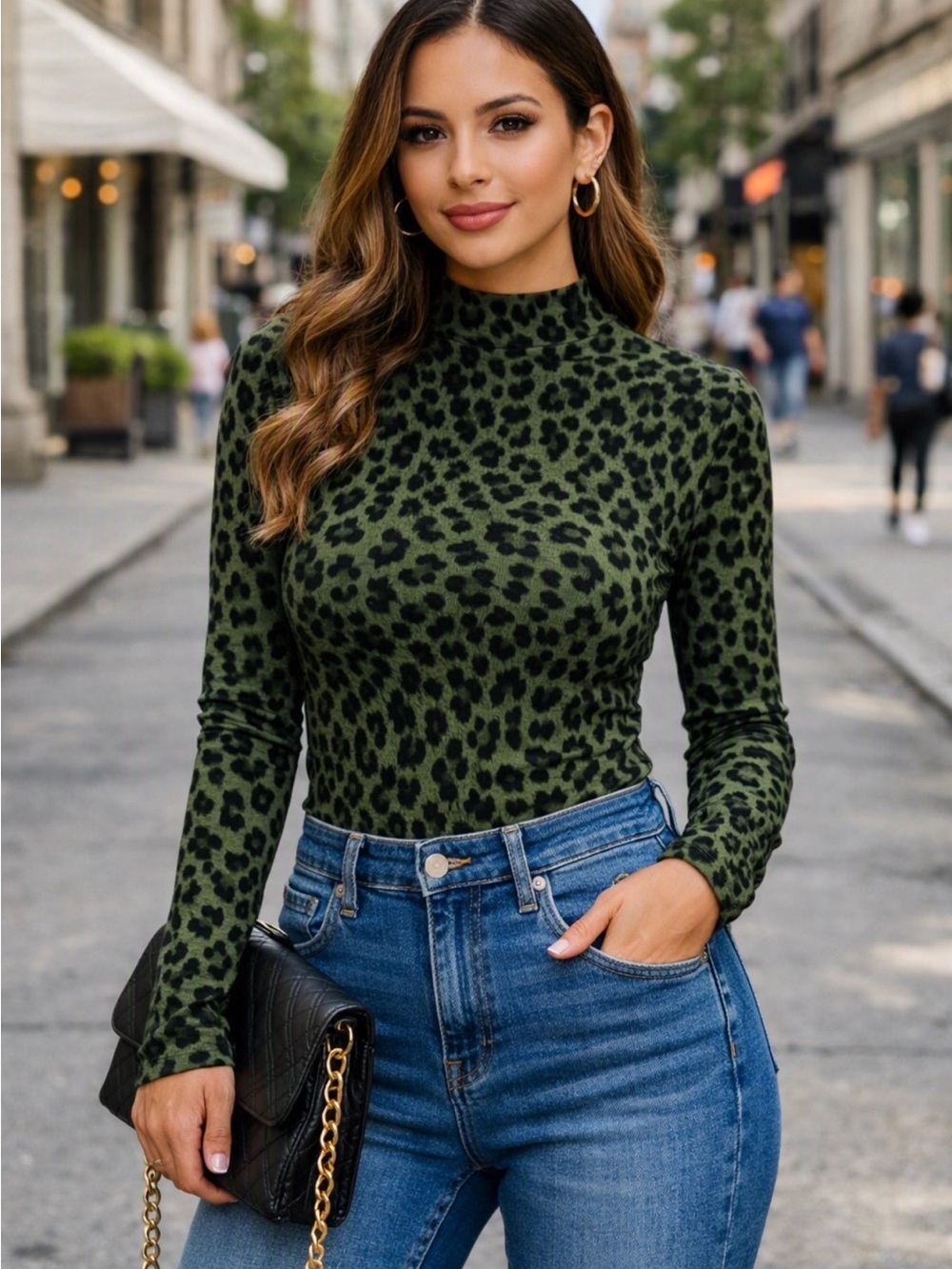Women’s Olive Green Leopard Print Mock Neck Long Sleeve Top Size M